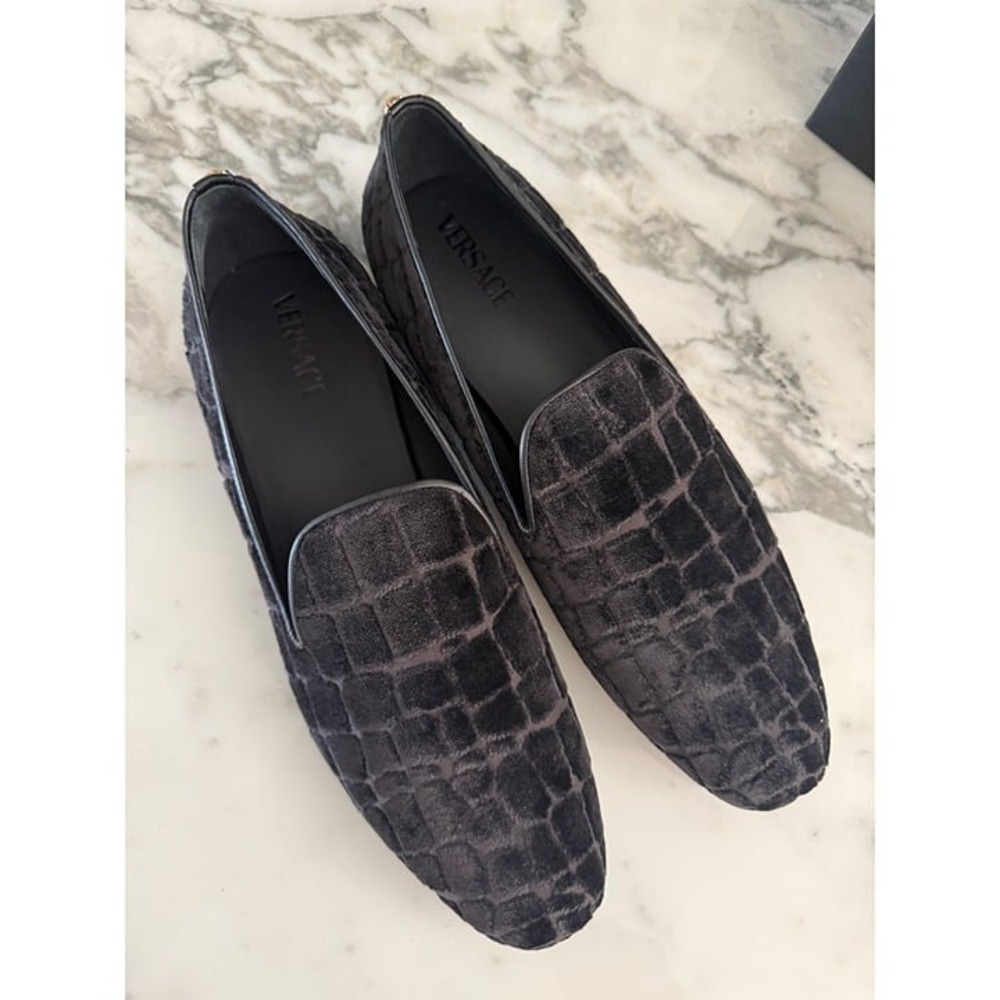 Versace 1003792‎ Men's Gray Velvet Croc-embossed Slippers Shoes, 45